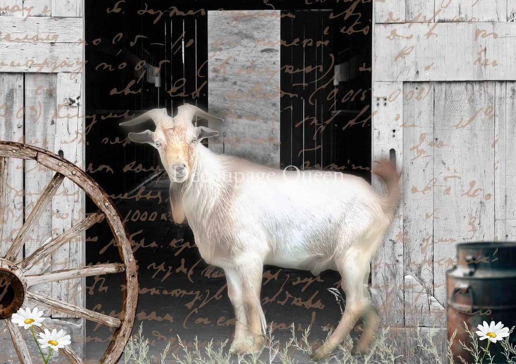 Goat next to barn. Colorful European Rice paper used for Decoupage Art, Decoupage Crafts and Home Decor. 