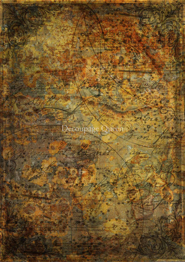 Gold and rust map print. Colorful European Rice paper used for Decoupage Art, Decoupage Crafts and Home Decor. 