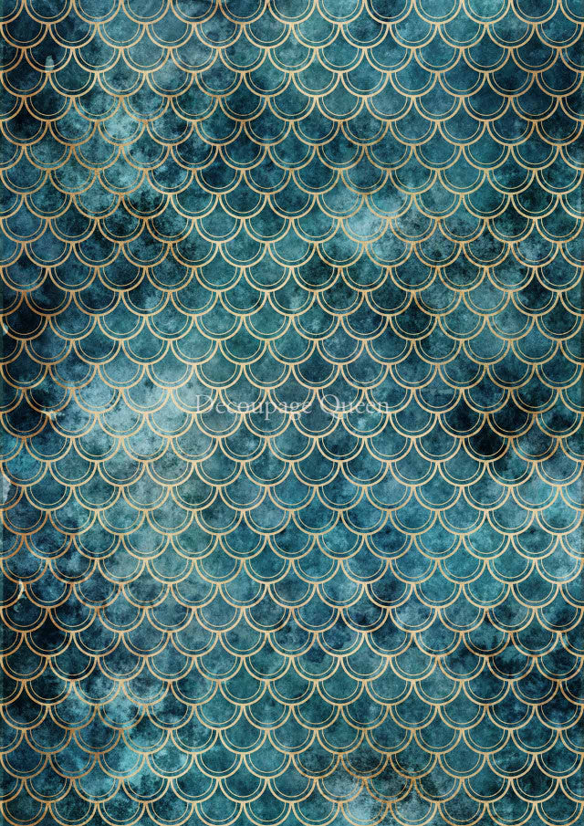 Teal and gold water droplet pattern. Colorful European Rice paper used for Decoupage Art, Decoupage Crafts and Home Decor. 