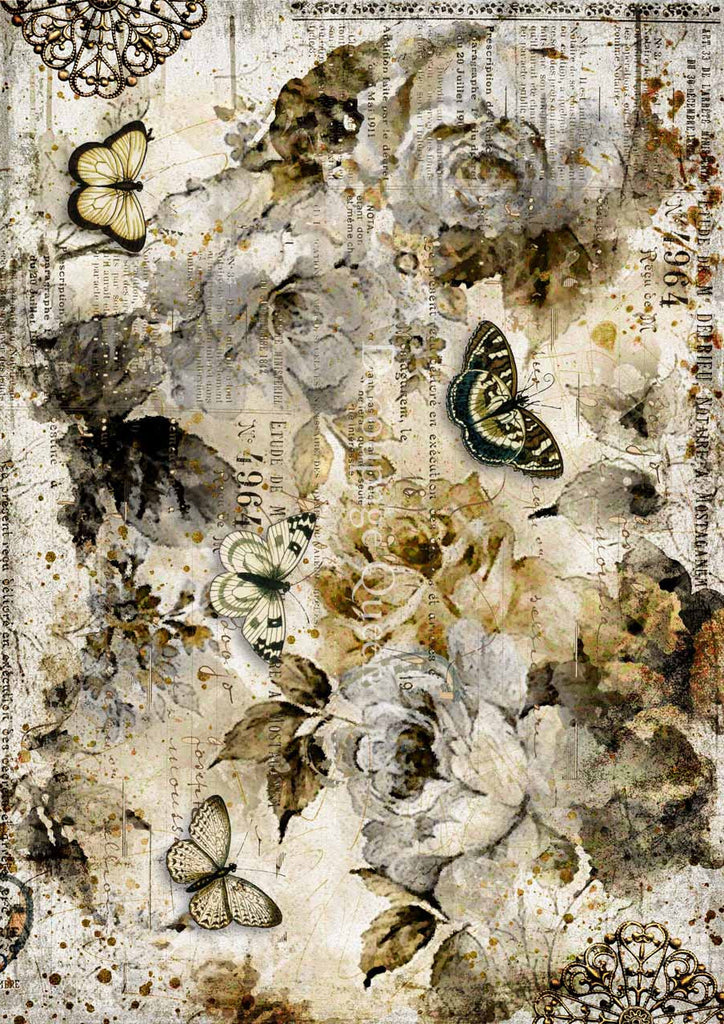 Beige brown butterflies and flowers. Colorful European Rice paper used for Decoupage Art, Decoupage Crafts and Home Decor. 