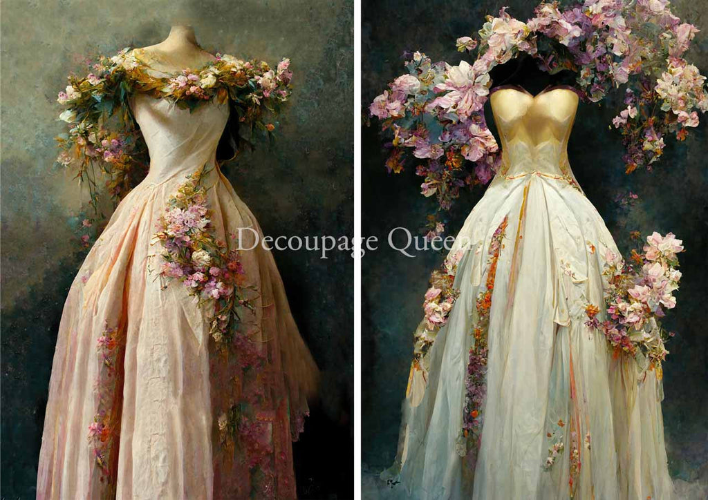 2 panels of spring flowers on mannequin gowns. Colorful European Rice paper used for Decoupage Art, Decoupage Crafts and Home Decor. 