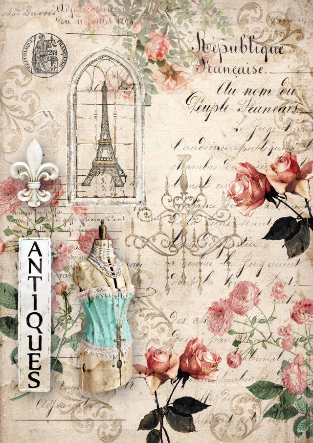 Paris theme pink floral and mannequin. Colorful European Rice paper used for Decoupage Art, Decoupage Crafts and Home Decor. 