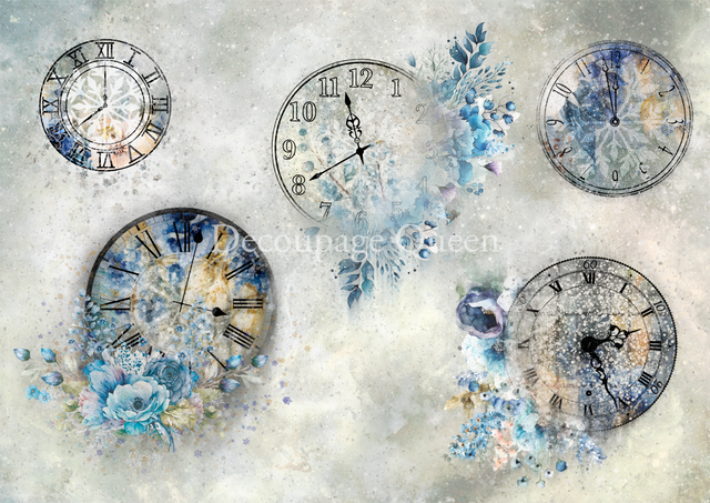5 Clocks with blue flowers printed on A4 Decoupage Paper