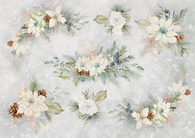 White Christmas flowers on silver background with mint color leaves and pine cones. Printed on A4 decoupage paper.
