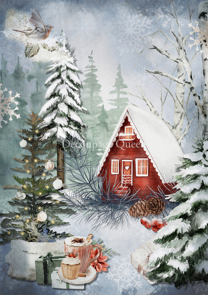 Red cottage in snowy forest with cups of hot chocolate printed on Decoupage Paper.
