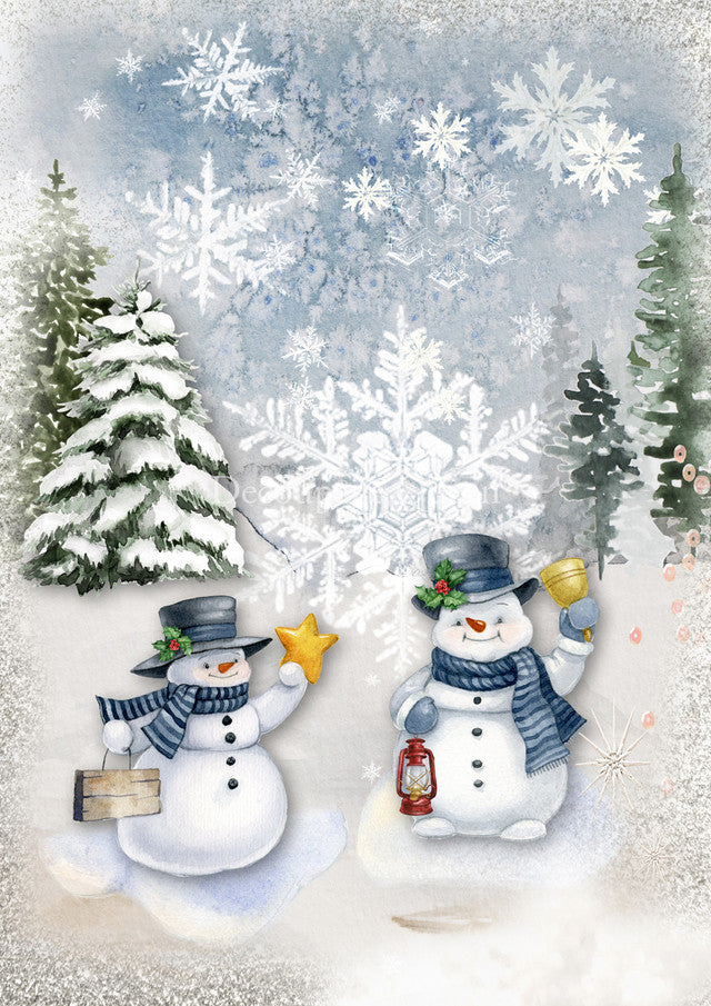  2 Snowman with scarves in snowy forest printed on decoupage paper.