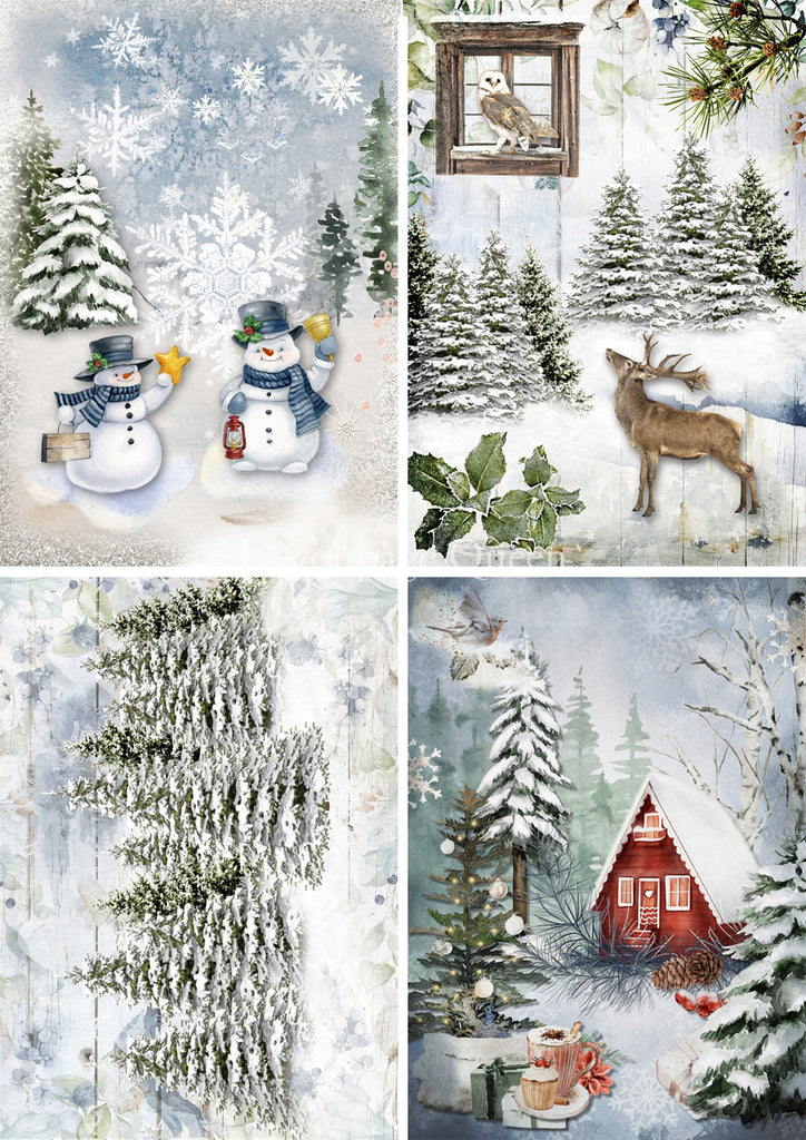 4 winter scenes of a snowy forest including snowman, red cabin, deer and owl. Printed on Decoupage paper.