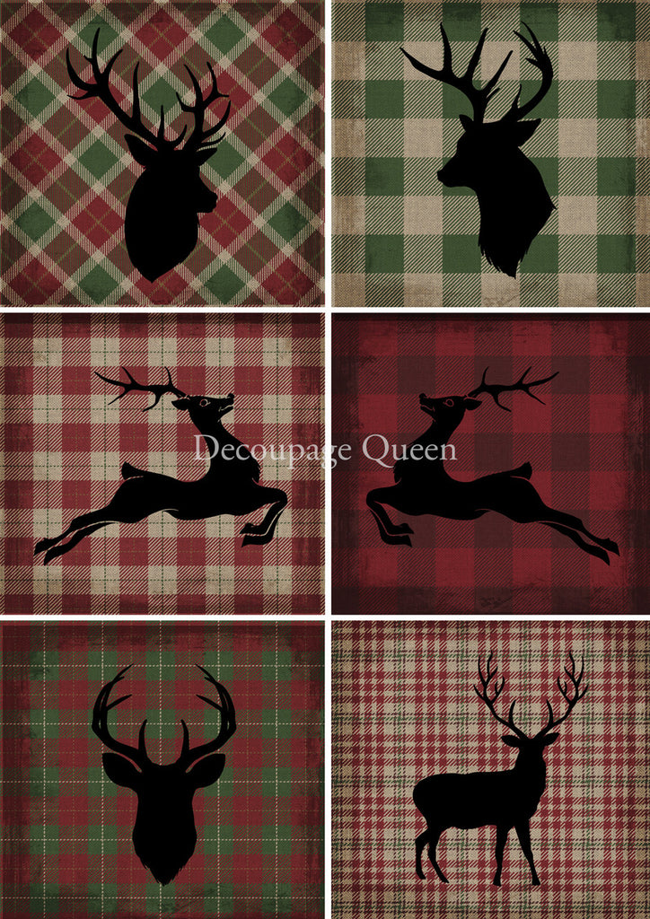 6 images of deer silhouette on plaid backgrounds. Printed on decoupage paper.