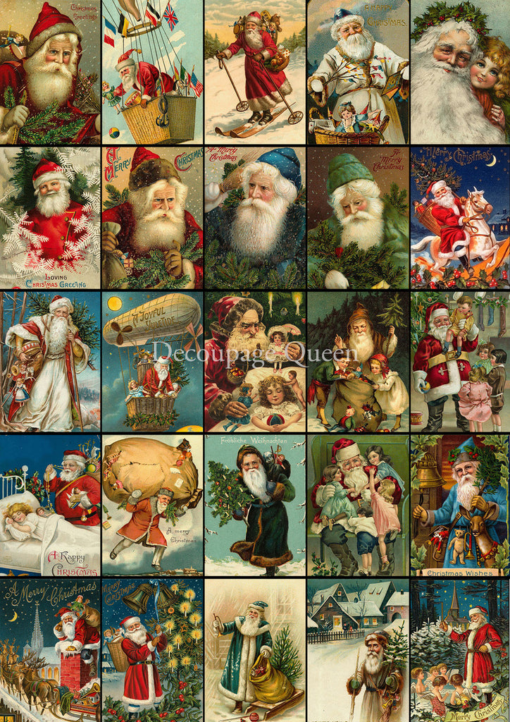 25 squares vintage Santas as advent calendar on  decoupage paper.