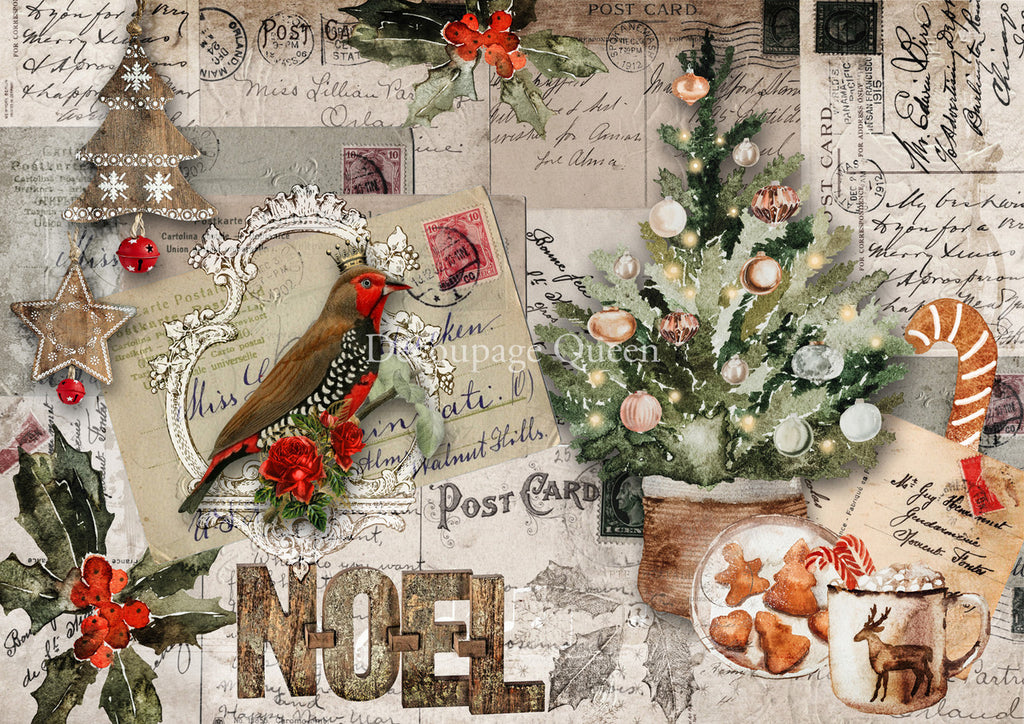 Collage of postcards, birds, christmas trees, candy canes and hot chocolate; printed on decoupage paper.
