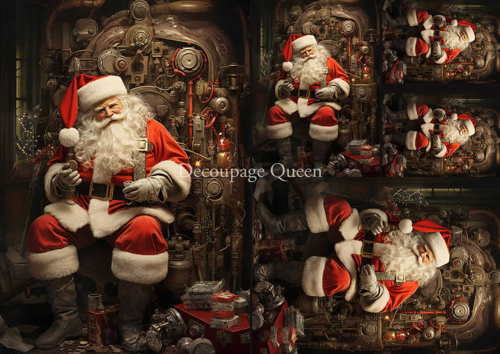 5 images of Santa on steampunk style chair; printed on decoupage paper.