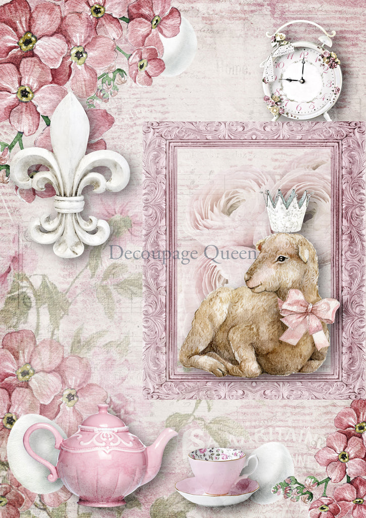 brown lamb with pink ribbon and crown on pink white fluer de Elise in white with pink tea pot on pink Decoupage  Queen Rice Paper 