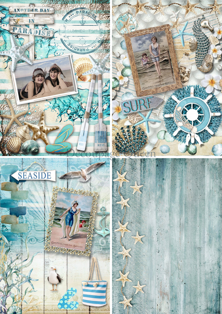 images of vintage sea side scenes in 4 panels Decoupage  Queen Rice Paper