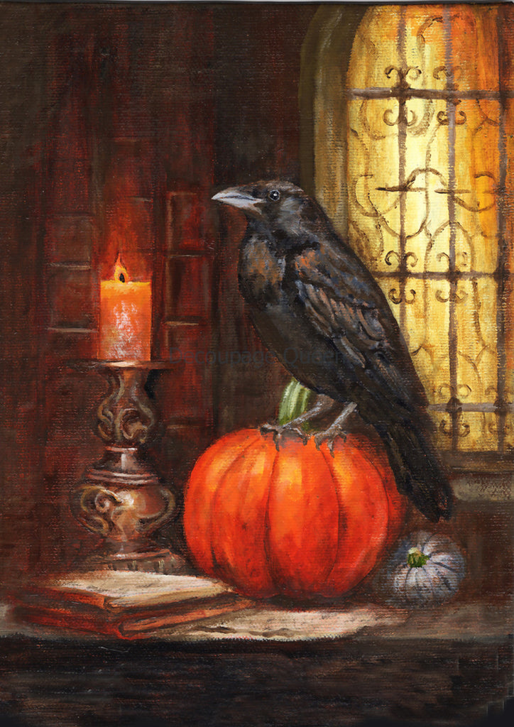 Gothic raven on pumpkin with candle on table scene Rice Paper by Decoupage Queen