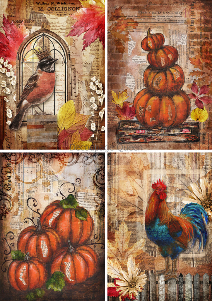 Fall scenes of bird pumpkins rooster Rice Paper by Decoupage Queen