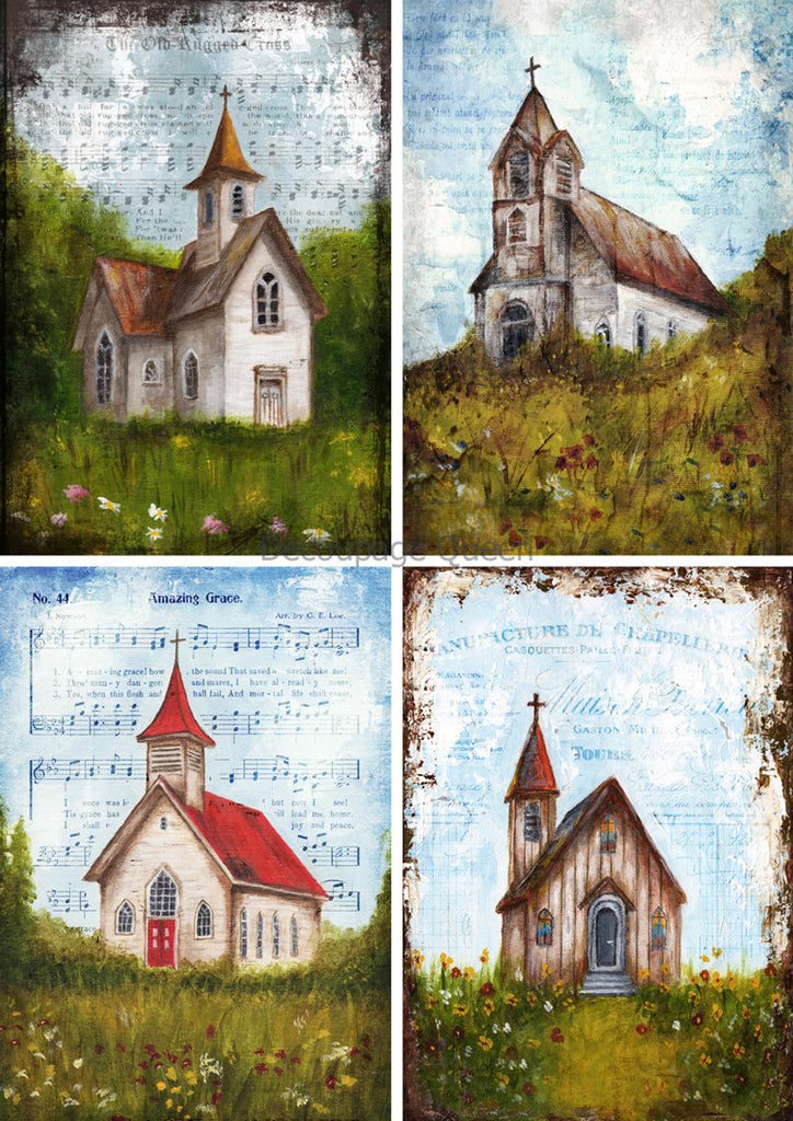 Four church scenes on Rice Paper by Decoupage Queen