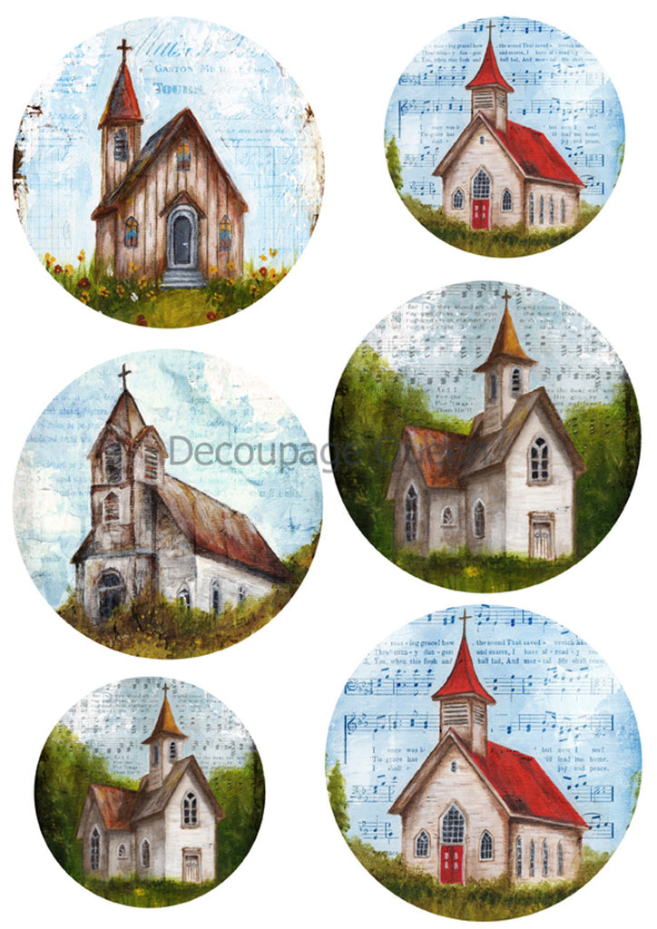 6 churches in round circles Rice Paper by Decoupage Queen