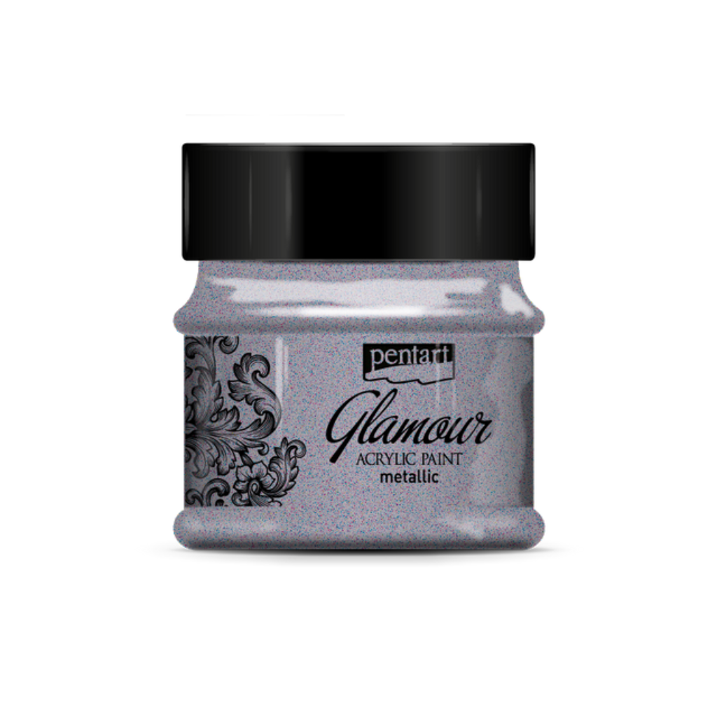 Dark Silver  Glamor Metallic paint in clear jar with black top from Pentart