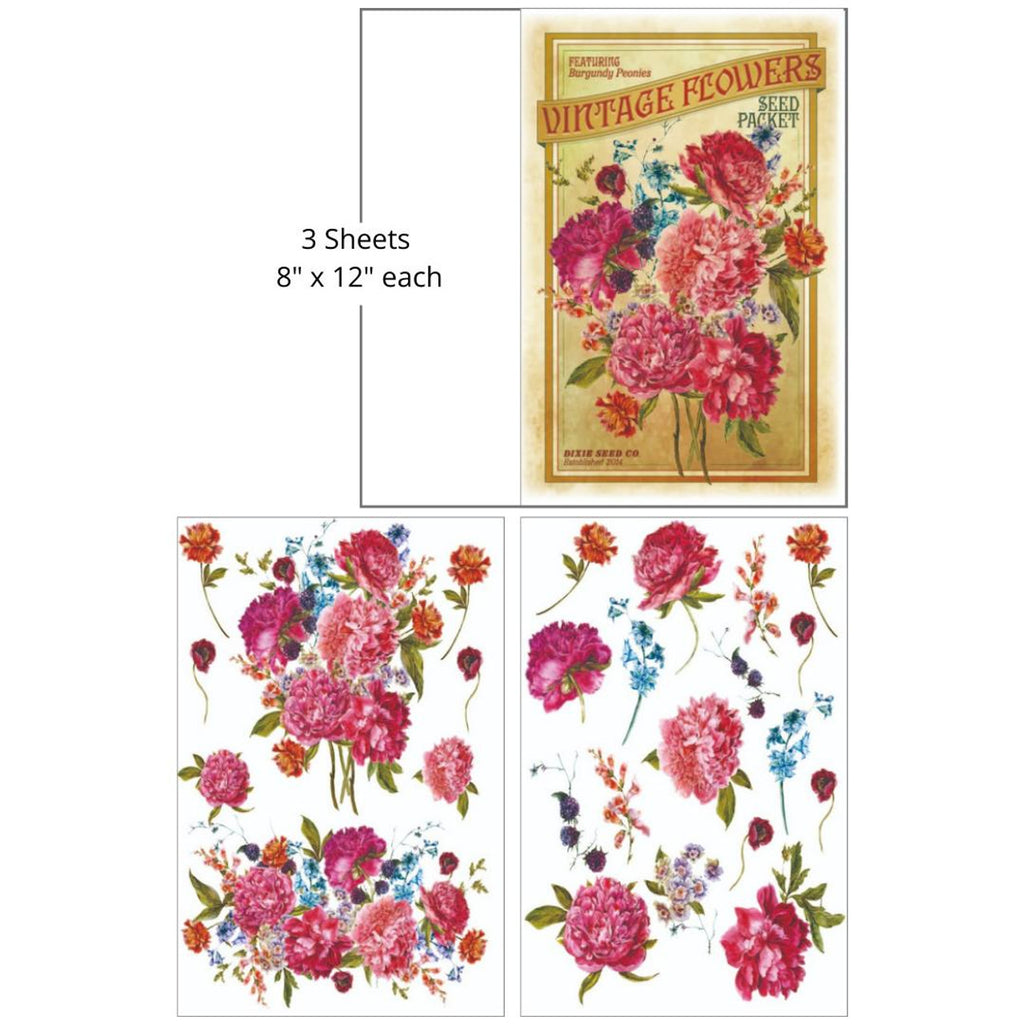 Vintage seed packet with pink and blue flowers by Belles and Whistles Rub on Transfer Decal