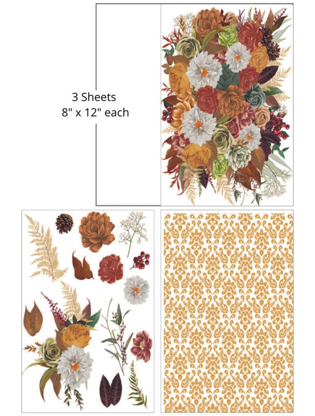 Bouquet of assorted orange red white blue and green flowers with ornate gold pattern by Belles and Whistles Rub on Transfer Decal