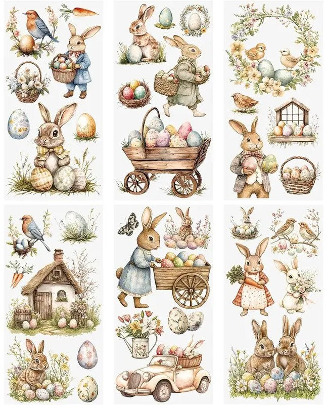 cute bunnies in Easter scenes with pink and blue eggs dressed like people rub on transfers