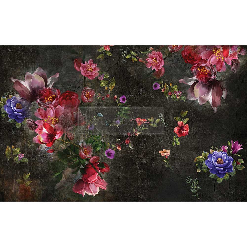 Elaine floral ReDesign with Prima Decoupage Tissue Paper. The large 19"x30" size features pink purple flowers on black background.