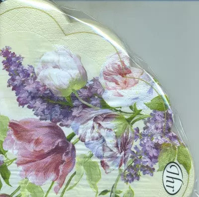 Pink and purple florals. Round paper napkin for decoupage.