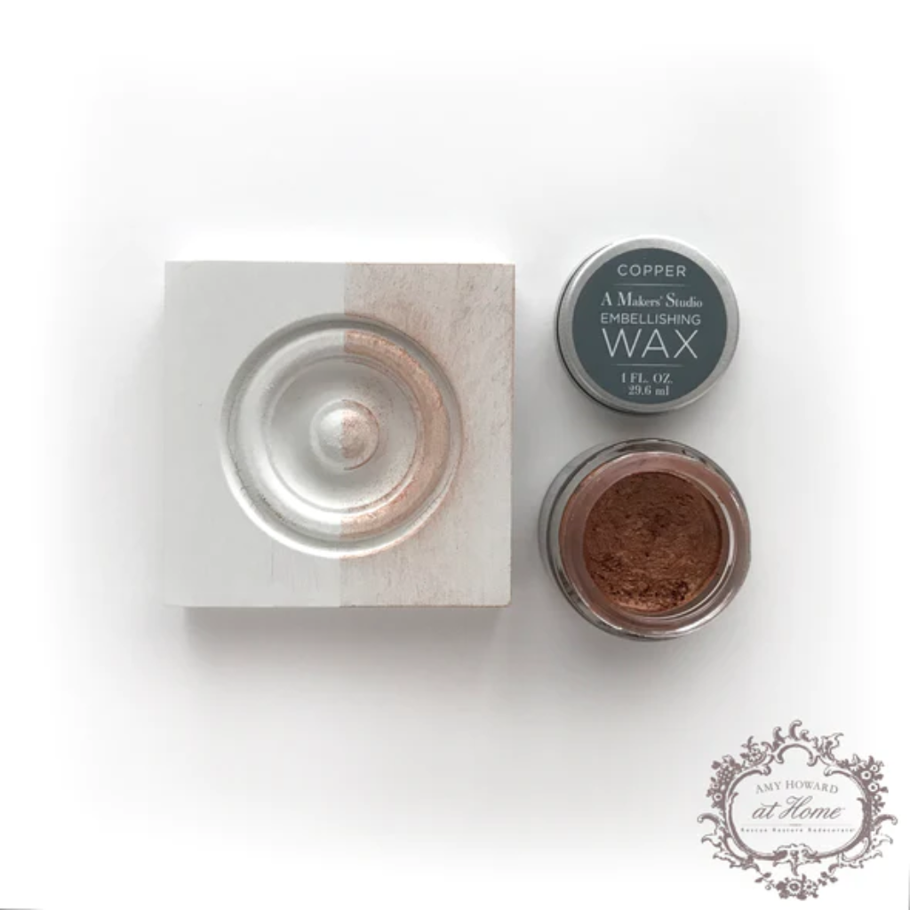 1 oz jar of A Makers' Studio Copper Embellishing wax. A durable, protective wax and metallic powder that's simply perfect for antiquing, stenciling and other craft projects
