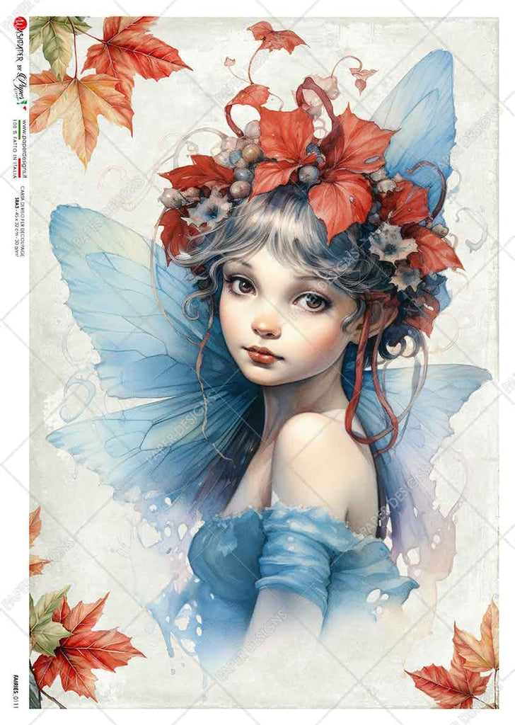 Fairy wearing blue with autumn leaf crown. Beautiful Rice Paper of Exquisite Quality for Decoupage crafts.