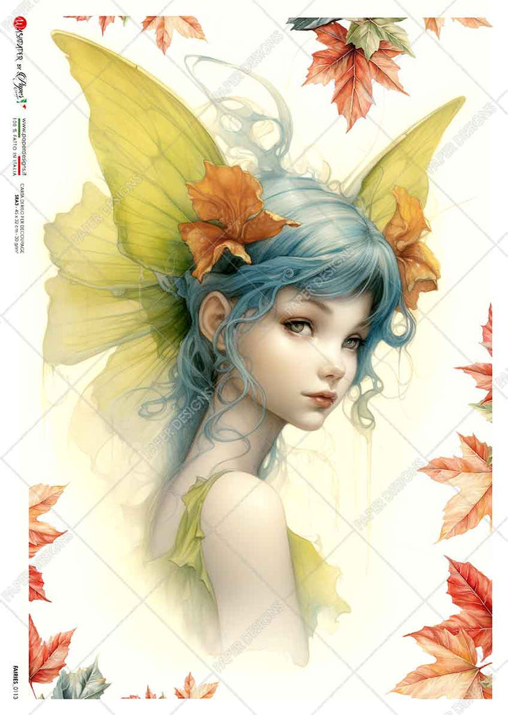 blue haired fairy wearing green among autumn leaves. Beautiful Rice Paper of Exquisite Quality for Decoupage crafts.