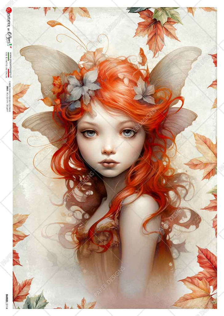 Red haired fairy with grey wings surrounded by fall leaves. Beautiful Rice Paper of Exquisite Quality for Decoupage crafts.