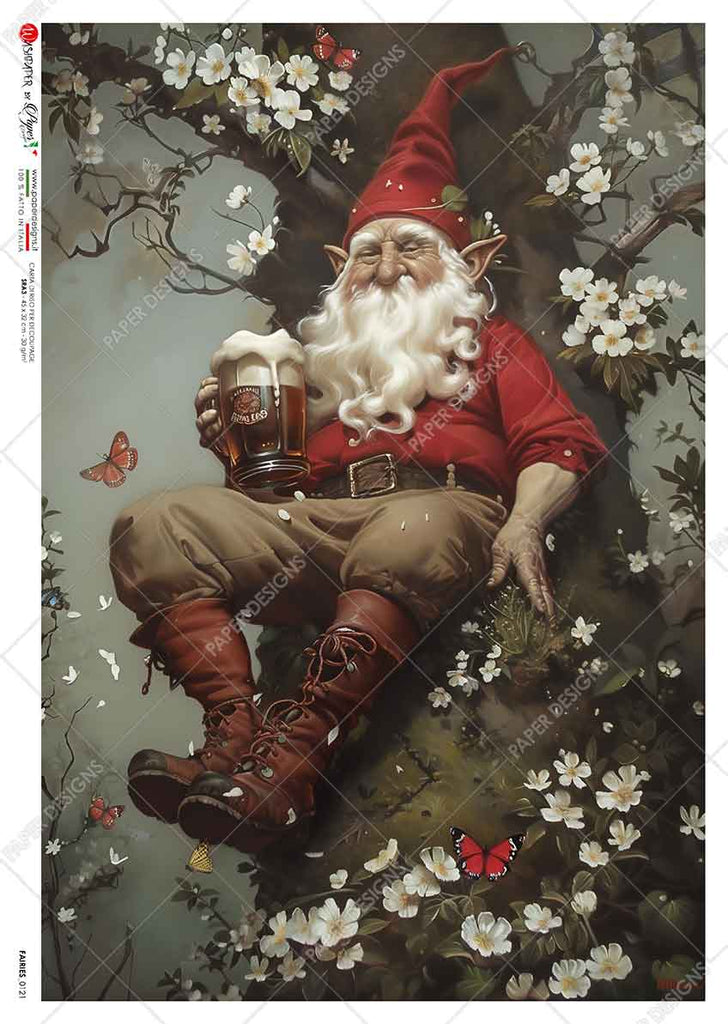 Gnome wearing red drinking beer in tree surrounded by white flowers. Beautiful Rice Paper of Exquisite Quality for Decoupage crafts.