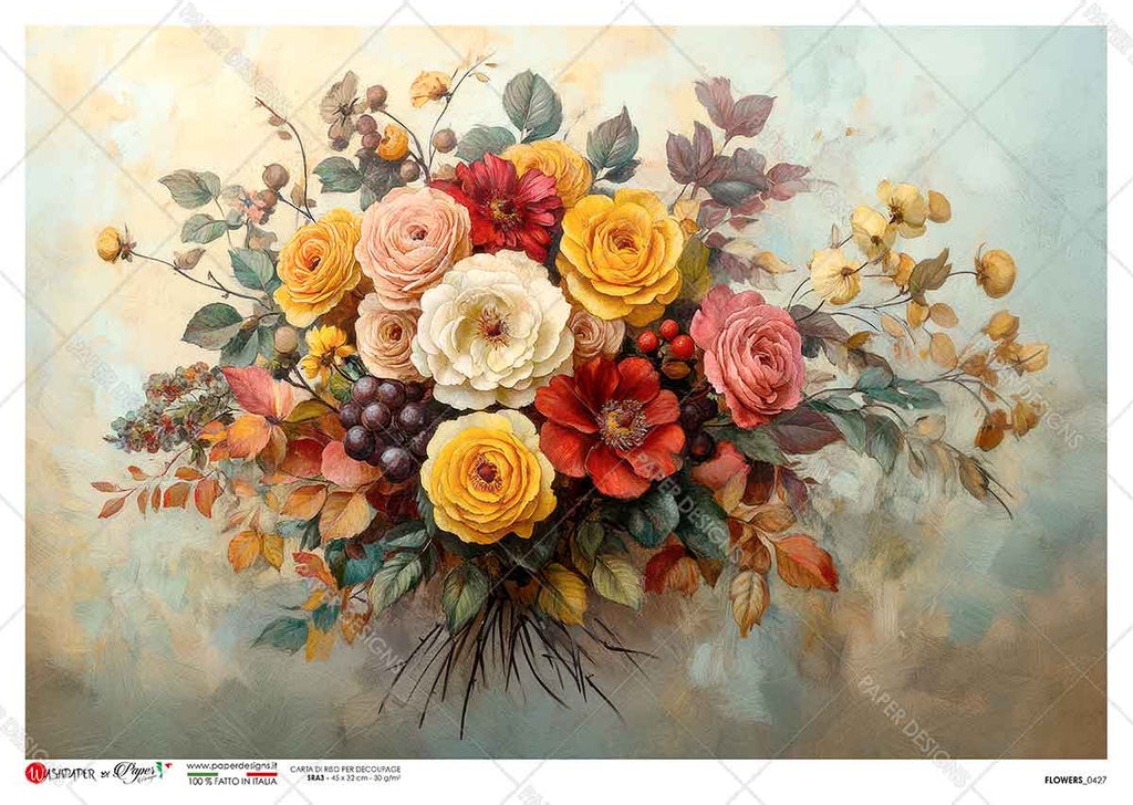 Yellow red pink and white bouquet of flowers on blue background. Beautiful Rice Paper of Exquisite Quality for Decoupage crafts.