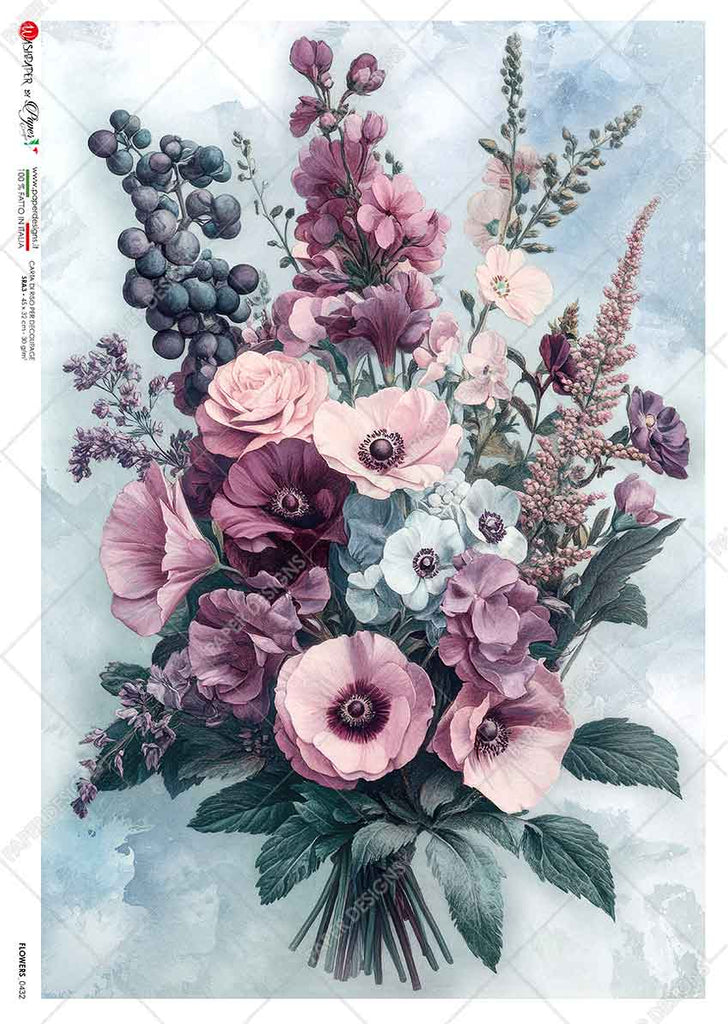 Purple pink and blue flowers in bouquet on blue background. Beautiful Rice Paper of Exquisite Quality for Decoupage crafts.