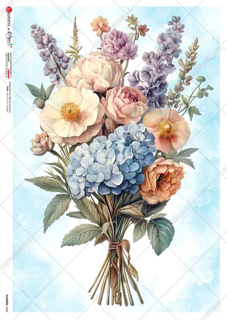 pink purple and blue flower bouquet on light blue background. Beautiful Rice Paper of Exquisite Quality for Decoupage crafts.