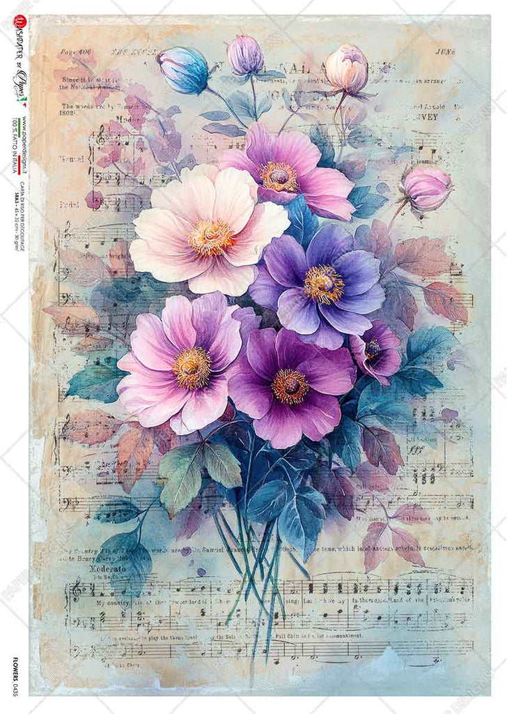 pink and purple flower bouquet on sheet music background. Beautiful Rice Paper of Exquisite Quality for Decoupage crafts.