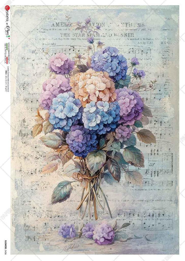 Purple pink and blue hydrangea bouquet on sheet music background. Beautiful Rice Paper of Exquisite Quality for Decoupage crafts.