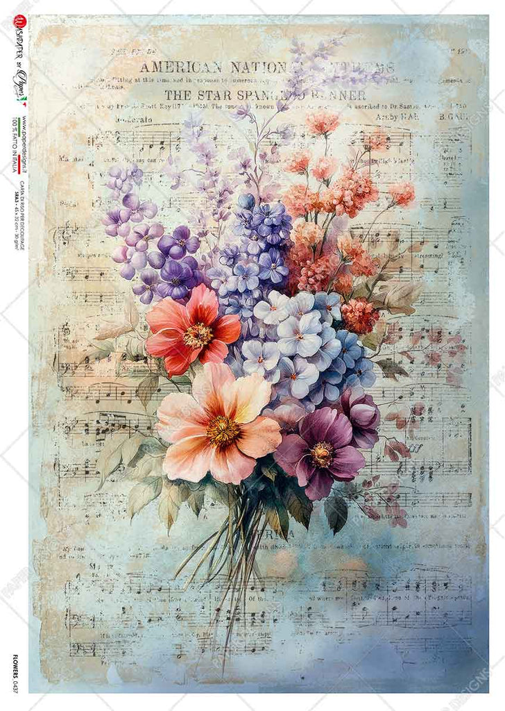 Pink blue and purple flower bouquet on sheet music background. Beautiful Rice Paper of Exquisite Quality for Decoupage crafts.