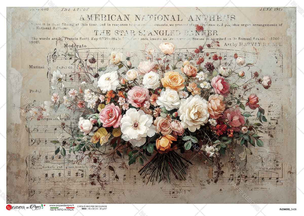 Large white and pink bouquet on American National Anthem sheet music. Beautiful Rice Paper of Exquisite Quality for Decoupage crafts.