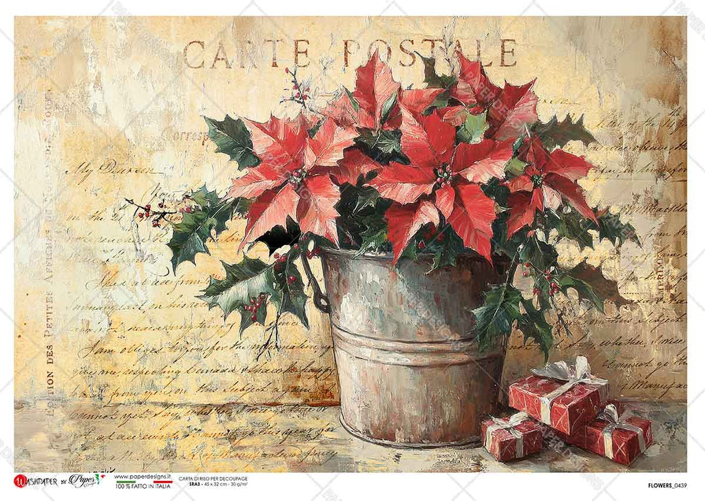 Bucket of red poinsettias with red presents on script background. Beautiful Rice Paper of Exquisite Quality for Decoupage crafts.