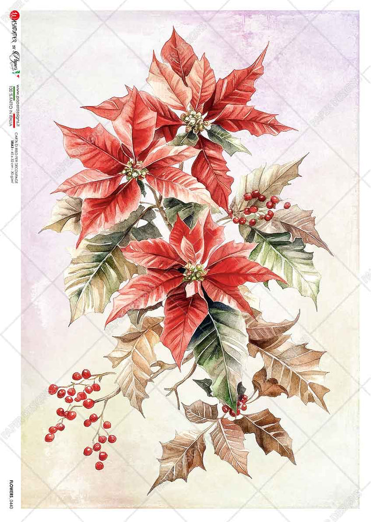 3 red poinsettias with red berries and green leaves. Beautiful Rice Paper of Exquisite Quality for Decoupage crafts.