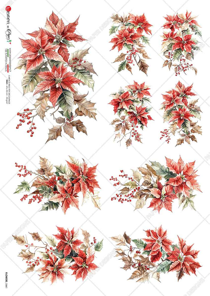 Red poinsettia bunches with green leaves and red berries. Beautiful Rice Paper of Exquisite Quality for Decoupage crafts.