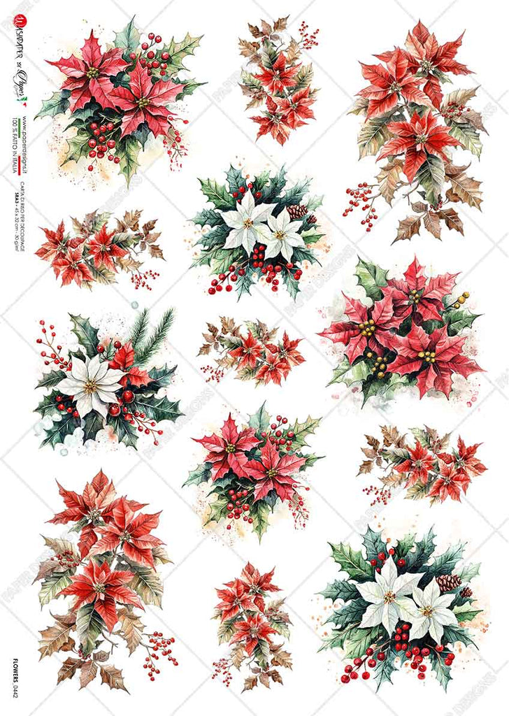 Red and white poinsettia bunches with Holly leaves. Beautiful Rice Paper of Exquisite Quality for Decoupage crafts.