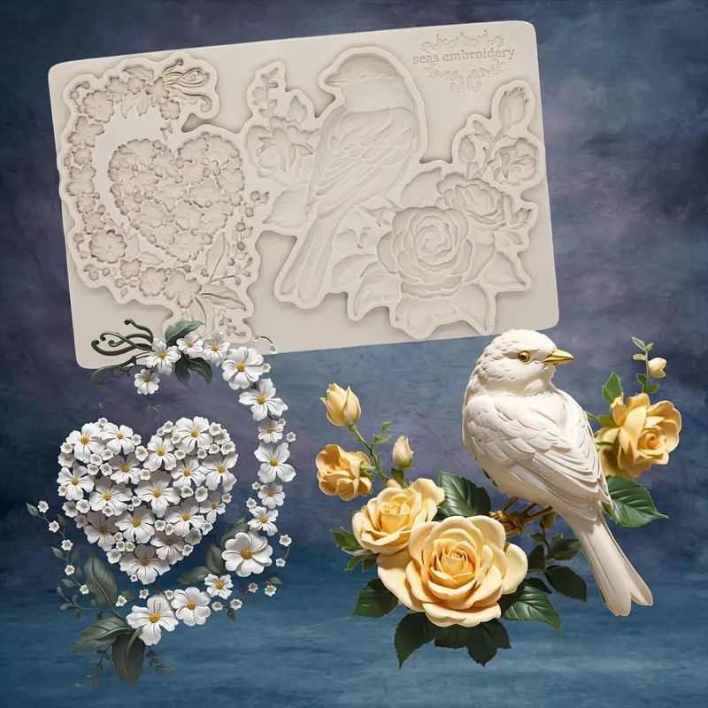 Silicone Craft Accent Mold. Bird with roses and heart made of flowers