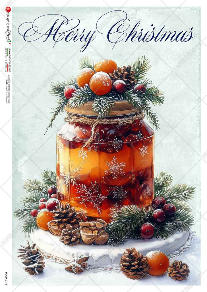 Jar surrounded by pinecones berries and pine branches with text "Merry Christmas". Beautiful Rice Paper of Exquisite Quality for Decoupage crafts.