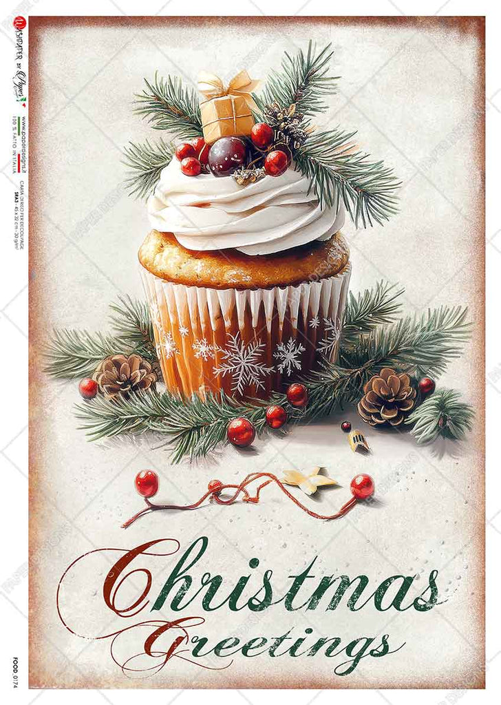 Cupcake with white frosting surrounded by pinecones berries and pine branches with text "Merry Christmas". Beautiful Rice Paper of Exquisite Quality for Decoupage crafts.