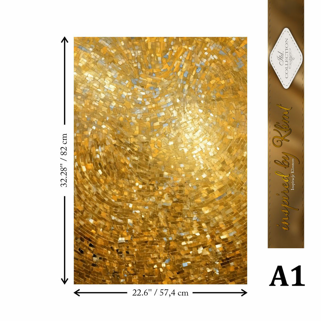 Gold glittery surface with measurements and brand name on a white background