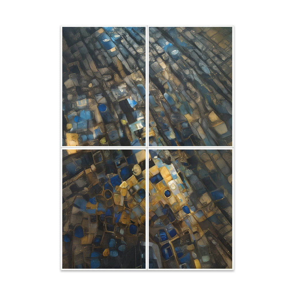 Abstract art print divided into four sections with geometric patterns in blue, brown, and black.
