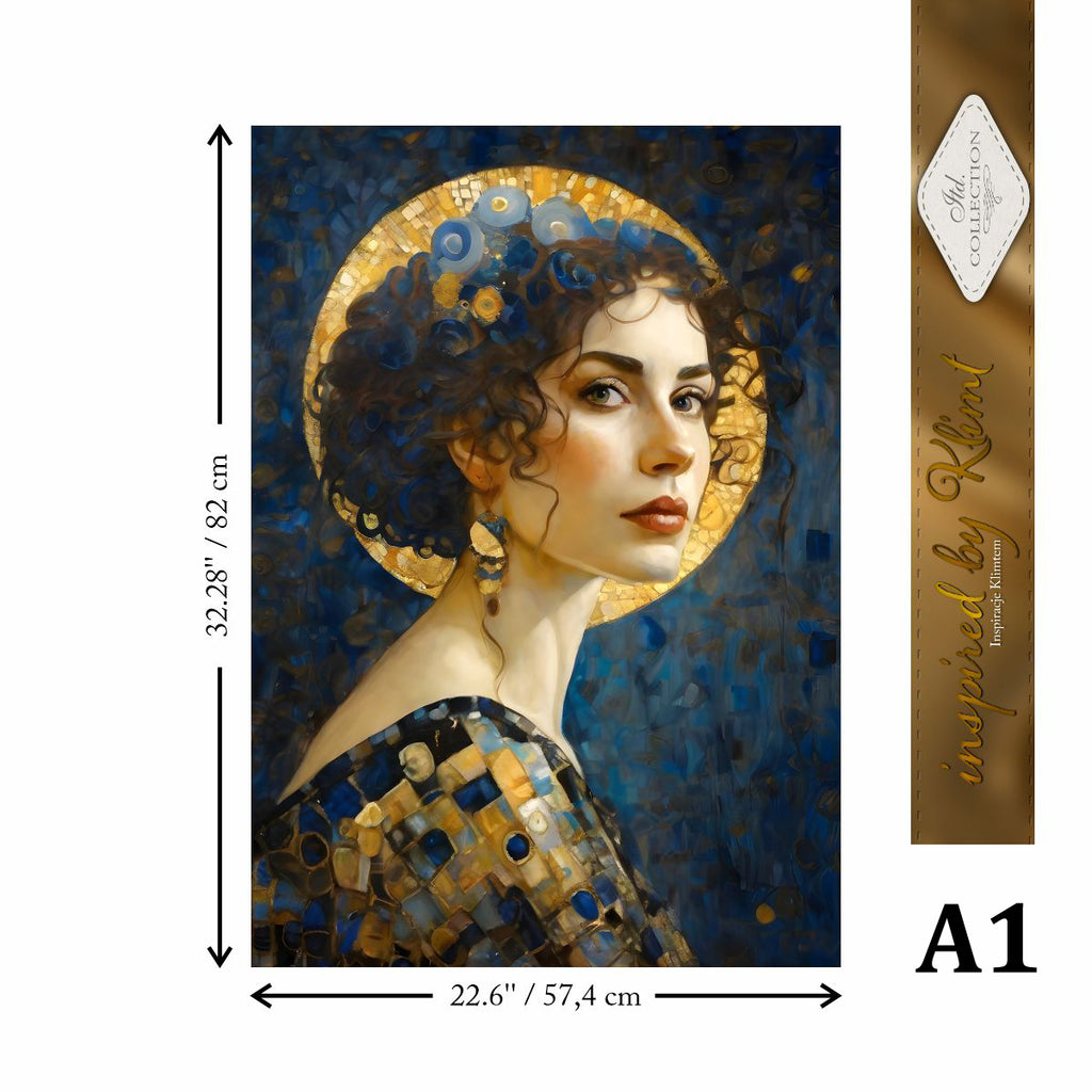 Artistic depiction of a woman with a decorative headpiece, dimensions indicated, and a brand label on the side.