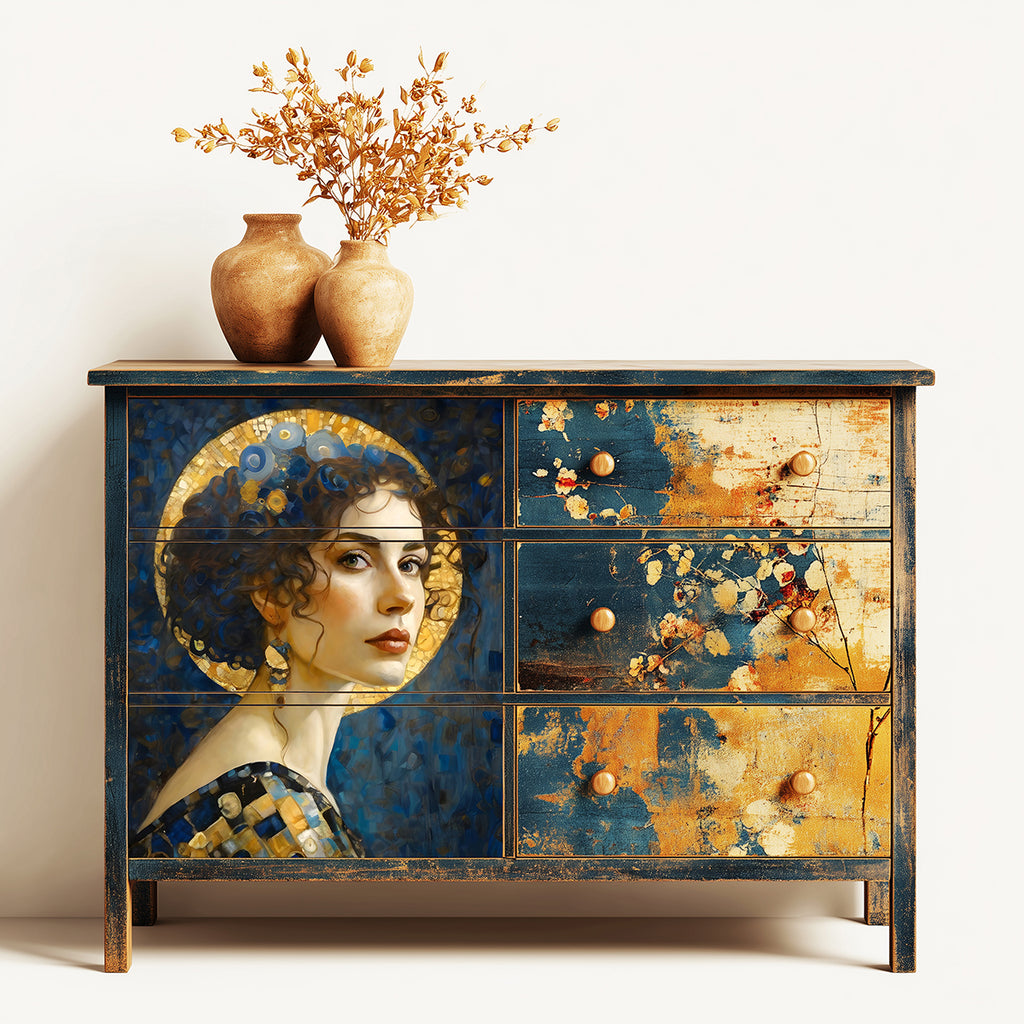 Decorative dresser with artistic design and two vases on top